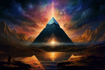 Symbolic pyramid with cosmic backdrop. Generative AI