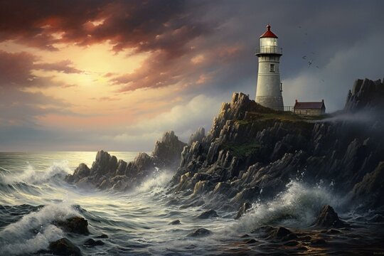 Artwork depicting a lighthouse and ocean scene. Generative AI