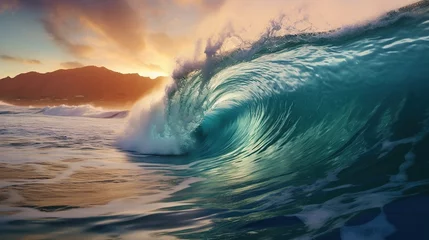 Fotobehang Ocean wave at sunset. Blue ocean wave with motion blur effect. © andri