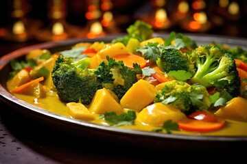 A tantalizing blend of textures and flavors, this vegetable curry is a masterpiece of culinary art, combining crisp water chestnuts, tender broccoli florets, and vibrant bell peppers, all