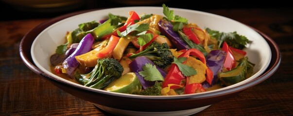 Vibrant and full of crunch, this vegetable curry takes center stage with its assortment of fresh vegetables, including red cabbage, bell peppers, and bamboo shoots, artfully tucked in a
