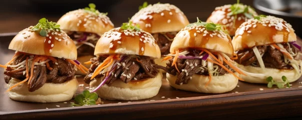 Fotobehang A visually appealing platter of Beef Bulgogi sliders, featuring mini buns filled with succulent beef, caramelized onions, and a tangy slaw, adding a delightful crunch and creaminess to each © Justlight