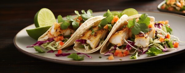 A creative cameral angle capturing a plate of imaginative fish tacos. Grilled fish, delicately flad...