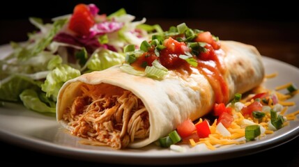 Vibrant and appetizing, this food shot presents a closeup of a tantalizing chicken enchilada. The tortilla is meticulously rolled, showcasing a generous amount of tender chicken, dressed