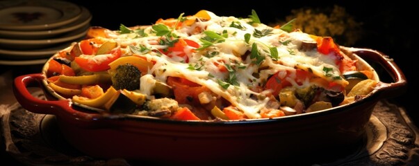 An artistic shot of a rusticstyle vegetable lasagna, baked in an earthenware dish, reminiscent of homecooked meals. The shot captures the medley of roasted vegetables, including colorful