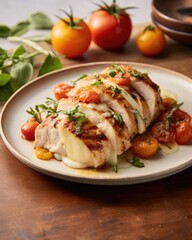 Feast your eyes on this culinary masterpiece a tender chicken , grilled to perfection and stuffed with a delightful combination of melted mozzarella cheese, sweet heirloom tomatoes, and