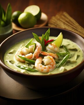 A visually appealing image showcasing the refreshing flavors of Thai green curry, unveiling succulent pieces of shrimp, vibrant green asparagus, and zesty lime leaves, all bathed in a creamy
