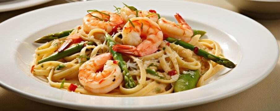 A delectable image showcases a generous portion of Shrimp and Asparagus Pasta, featuring juicy shrimp perfectly complemented by al dente pasta coils and crisp, bright green asparagus tips,