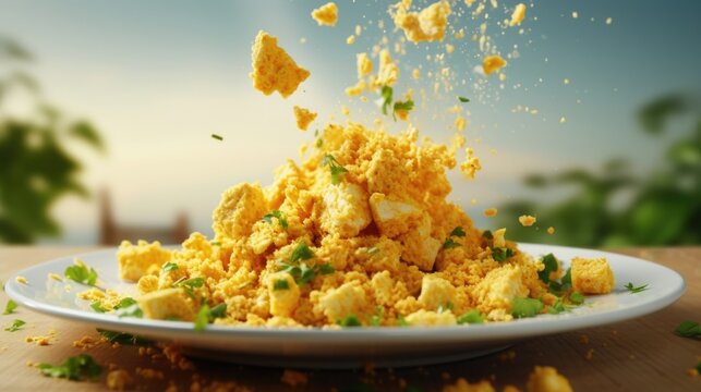 A creative shot captures a tofu scramble cooked to perfection and garnished with a sprinkling of nutritional yeast, resulting in a flavorful umami bomb that resonates with vegan cheese enthusiasts.