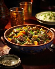 A Moroccaninspired lamb tagine transports you to the exotic flavors of North Africa, with tender pieces of meat slowcooked in a flavorsome blend of es, accompanied by dried fruits and a