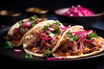 An artistic shot capturing a contemporary twist on a classic dish duck tacos, with tender shredded duck meat nestled in warm corn tortillas, accompanied by pickled red onions, fresh cilantro,