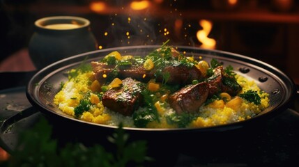 A captivating overhead shot of a steaming plate of couscous in rich golden hues, complimented by succulent bites of savory lamb slowly cooked to tender perfection, accompanied by aromatic