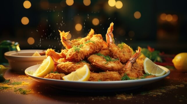 An artistic shot capturing a plate of mouthwatering jumbo erfly shrimp, lightly breaded and fried until golden, garnished with a sprinkle of dill and a squeeze of lemon.