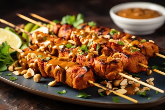 This stunning food photograph showcases a mouthwatering tempeh satay platter, with skewers of marinated tempeh grilled to perfection, accompanied by a velvety peanut sauce, and garnished