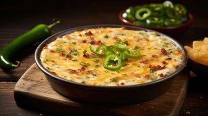 A tantalizing shot of a cheesy jalapeno popper dip showcases the perfect blend of creaminess and e. A sprinkle of chili powder creates a beautiful contrast against the green jalapenos, adding - obrazy, fototapety, plakaty