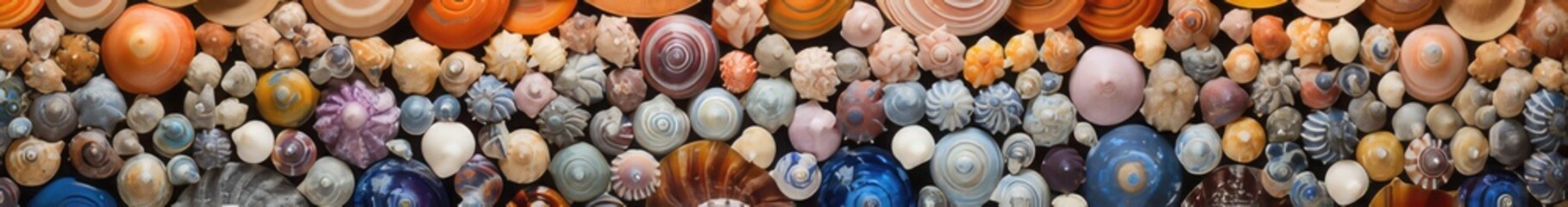 Banner background image of collection of seashells of different sizes and colors. generative AI - obrazy, fototapety, plakaty