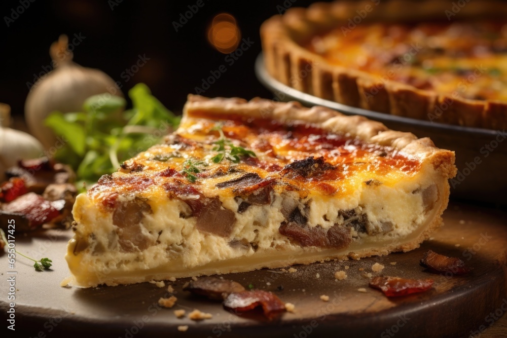 Poster an artistic portrayal of a rustic quiche, with a rustic texture to the crust, and a divine combinati