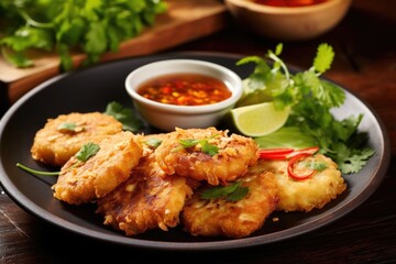 An enticing plate of golden and crispy Thai fish cakes, made with a mixture of minced fish, Thai herbs, and aromatic es, served with a zesty dipping sauce.