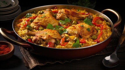 A sumptuous dish of arroz con pollo, a classic Colombian chicken and rice dish cooked to perfection with a flavorful medley of vegetables, es, and herbs, creating a savory onepot meal that