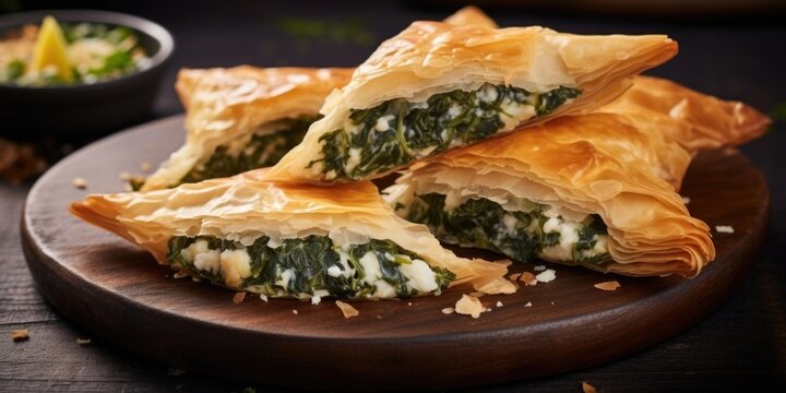A traditional Turkish b rek emerges from the oven, delighting the senses with its flaky layers of goldenbrown phyllo pastry, stuffed with a savory filling of spinach and feta cheese, before