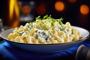 A reinvention of comfort food, this gourmet macaroni and cheese consists of delicate cavatelli pasta enrobed in a velvety sauce crafted from a blend of creamy Brie and tangy blue cheese,