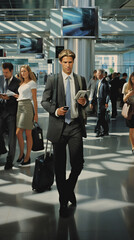 On the Move  Business People Navigate Airport with Purpose and Precision, Pulling Suitcases