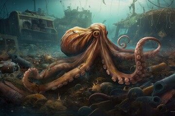 Illustration of giant octopus swimming amidst trash and pollution on ocean floor. Generative AI