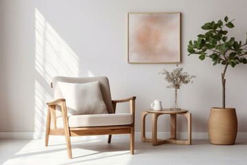 Stylish living room with elegant accessories, wooden armchair, coffee table, white wall, and copy space. Generative AI