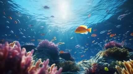 Naklejka na ściany i meble Underwater world with corals and tropical fish. Underwater world