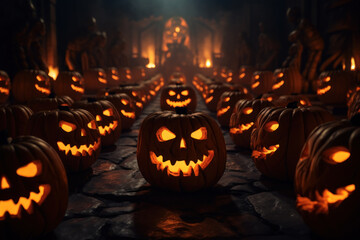 many pumpkins are lit up in the dark