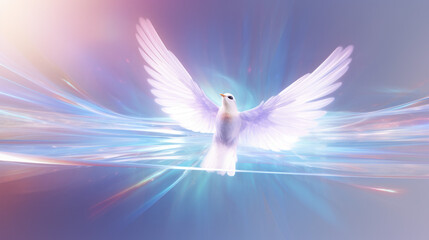 Beautiful flying white Holy spirit dove with glowing energy lights. Spirituality, hope and freedom concept. Generative AI.