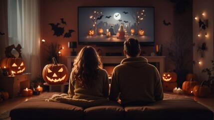 couple watching scary movies in a halloween decorated living room