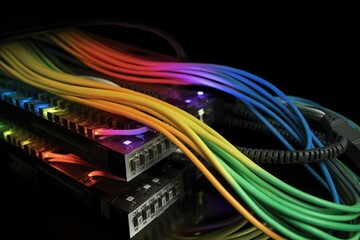 Fiber cables neatly align ethernet optics, data lines. Generative AI