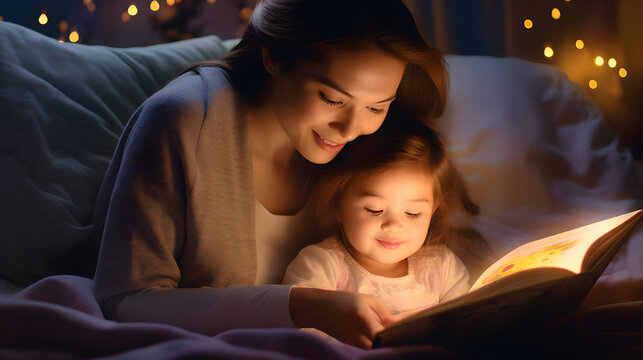 Young mother reading a book to her daughter in bed before going to sleep.Created with technology.