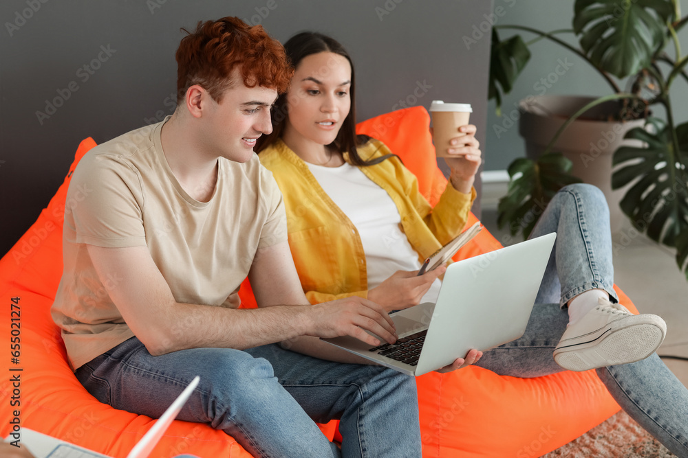 Poster young programmers working with laptop in office