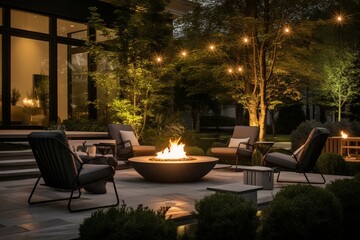 Stylish outdoor seating area with a large fire pit, comfortable chairs, and various planters. Generative AI