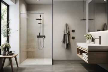 Stylish nordic bathroom featuring sleek design, spacious shower, and pristine white tiling. Generative AI - obrazy, fototapety, plakaty