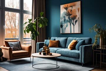 Modern cozy apartment with large windows, sofa, greenery, blue wall, and artwork. Generative AI