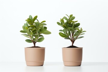 Two plants in pots evenly spaced on white background. Generative AI