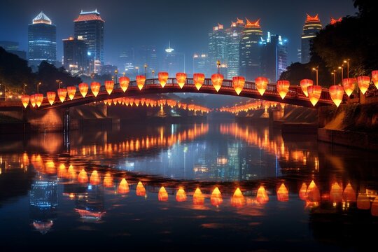 Night view of Chengdu Anshun Bridge and Jinjiang River adorned with Chinese lanterns in Sichuan Province, China. Generative AI
