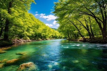 Idyllic summer scene with turquoise river, sunny sky, and vibrant greenery. Generative AI