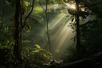 Patterns of light in a dense rainforest. Generative AI