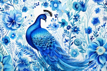 Pattern with floral designs and peacocks in blue watercolor. Generative AI