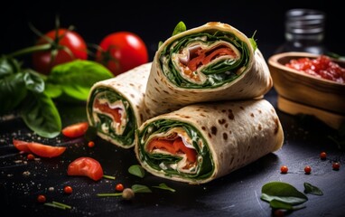 Tortilla wraps with spinach, cheese and tomato on black background