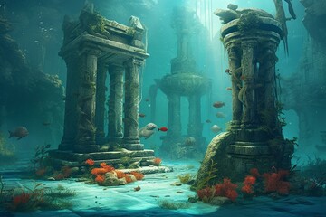 underwater ruins with columns and a large menacing fish. Generative AI