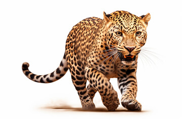 Leopard isolated on a white background running. Animal front view portrait.