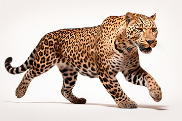 Leopard isolated on a white background running. Animal right side view portrait.