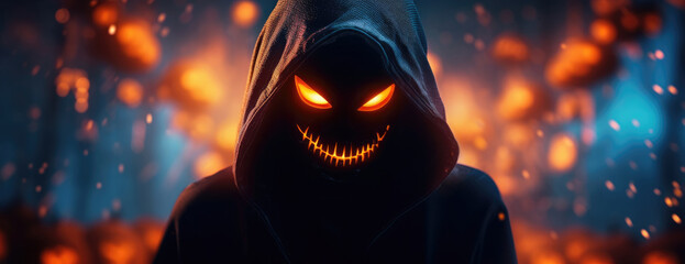 Halloween black scary ghost monster. Jack O lanterns Pumpkin scary face - obrazy, fototapety, plakaty