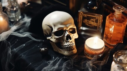 Halloween black scary skull on the table