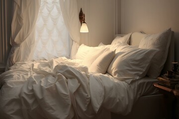 Fototapeta na wymiar A bed with white bedding and pillows, accompanied by a lamp and a window. Generative AI